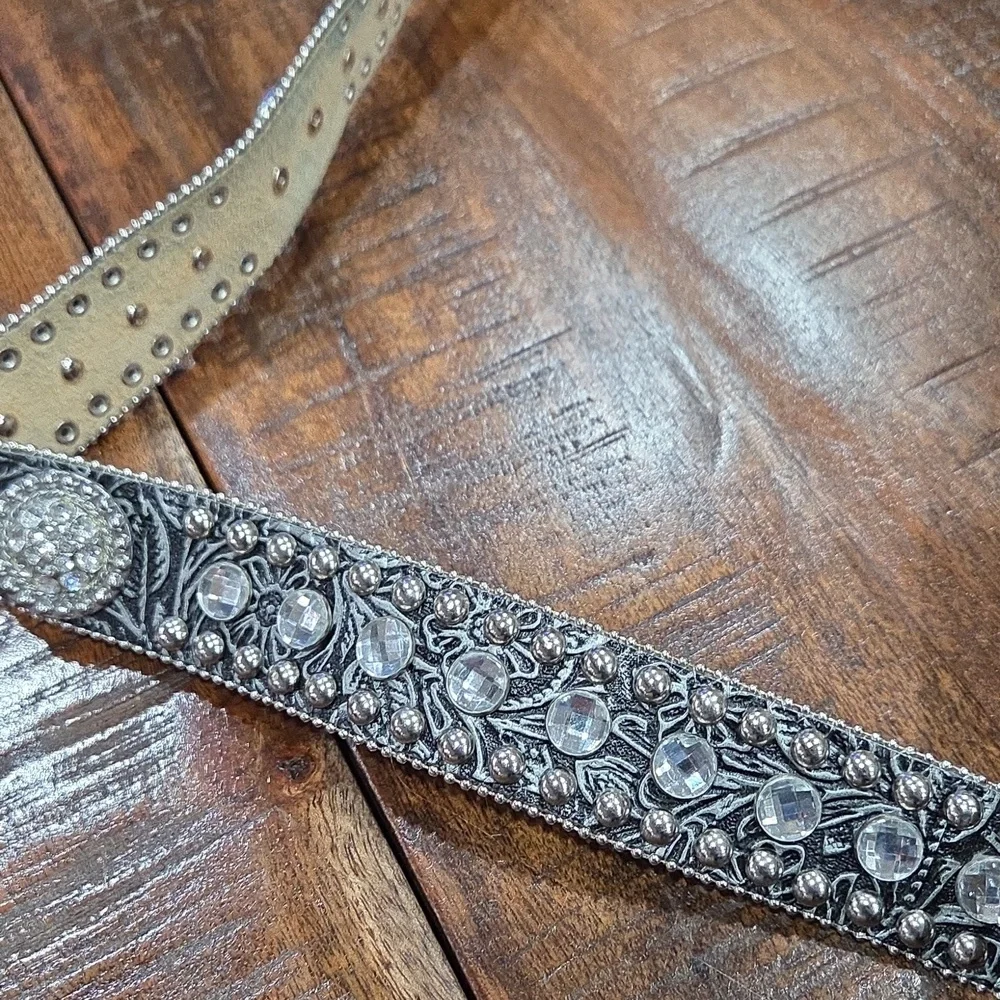 Silver Embellished Women's Belt Genuine Leather Size XL